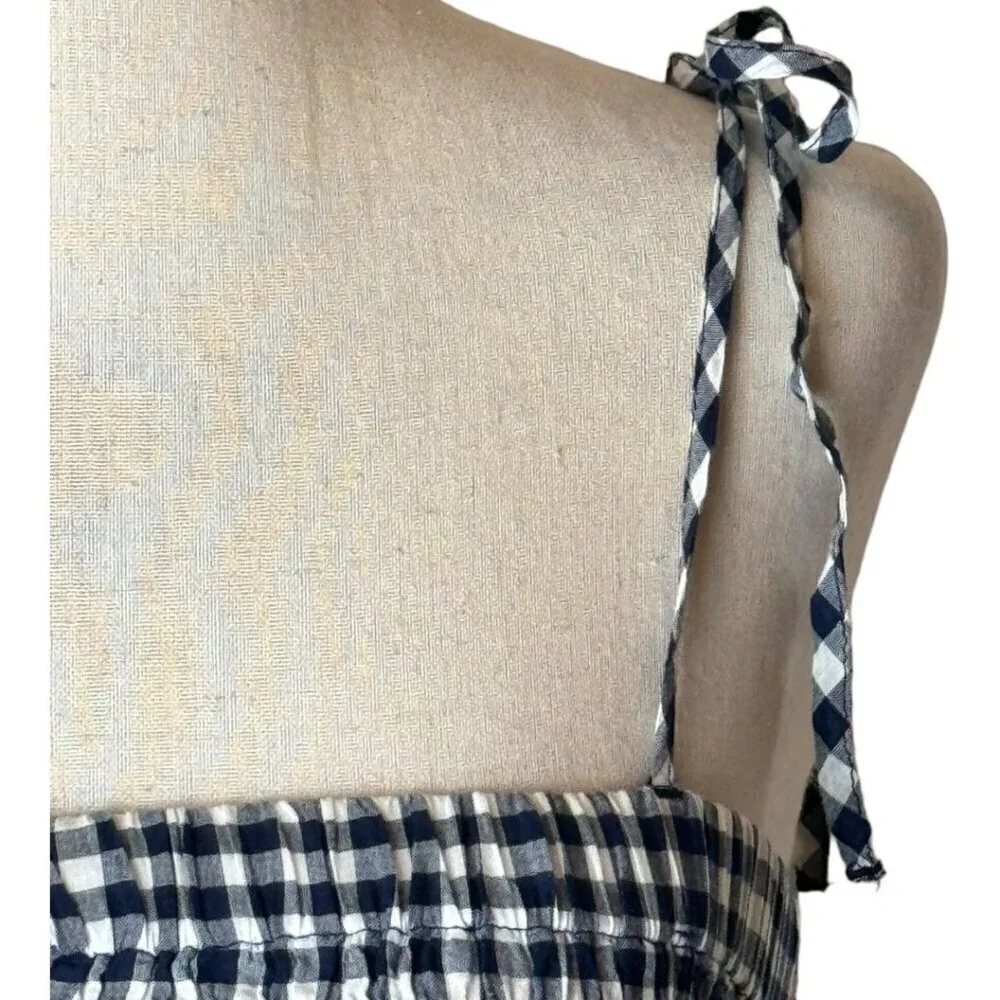 J Crew Shirt Women Small Navy Blue White Cotton Gingham Smocked‎ Cropped Top